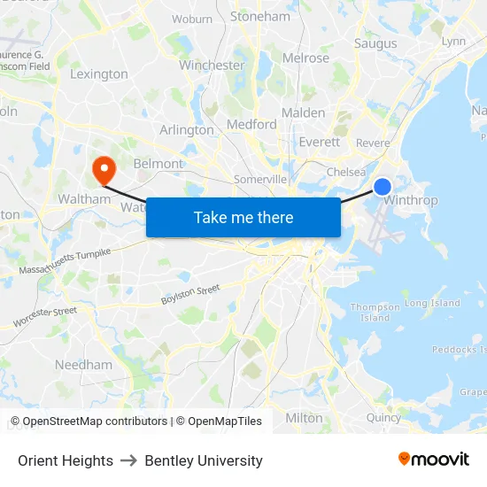 Orient Heights to Bentley University map
