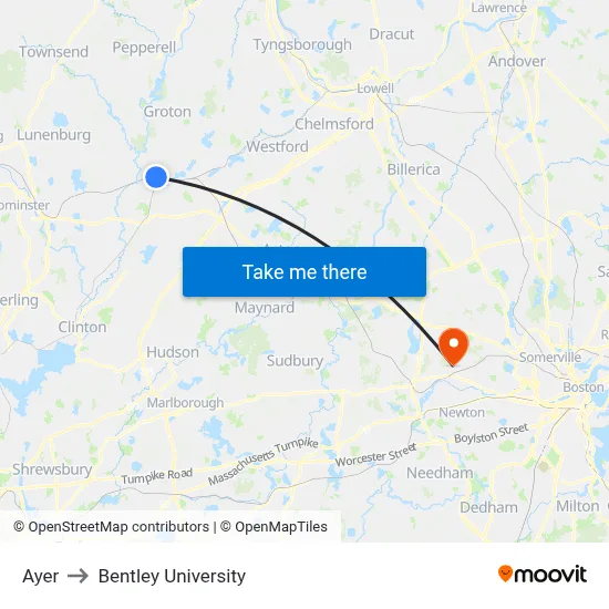 Ayer to Bentley University map