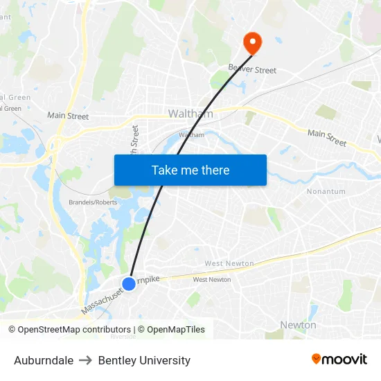 Auburndale to Bentley University map