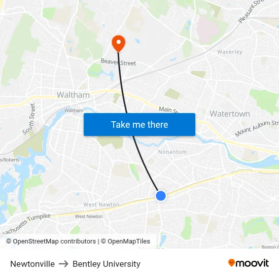 Newtonville to Bentley University map