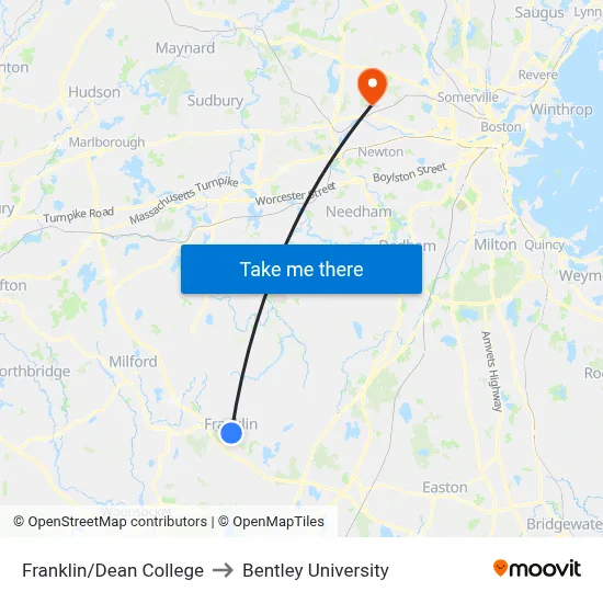 Franklin/Dean College to Bentley University map