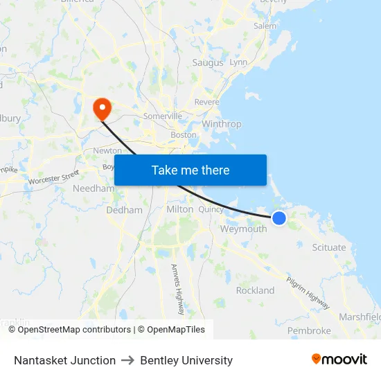 Nantasket Junction to Bentley University map