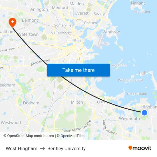 West Hingham to Bentley University map