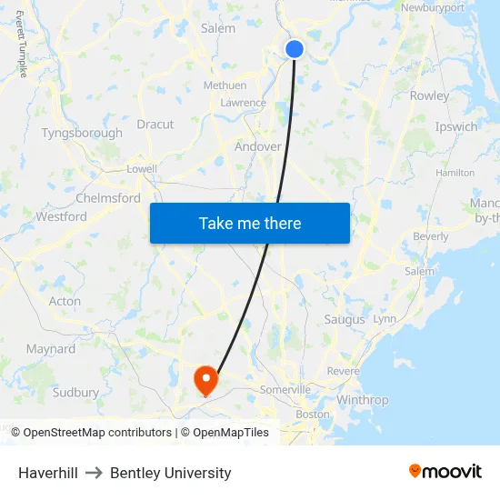Haverhill to Bentley University map