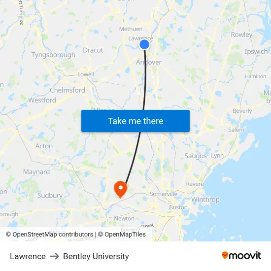 Lawrence to Bentley University map