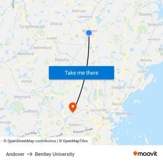 Andover to Bentley University map