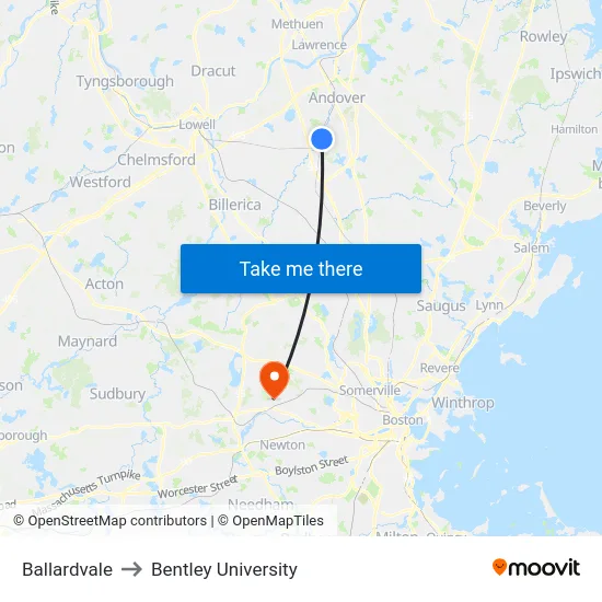 Ballardvale to Bentley University map