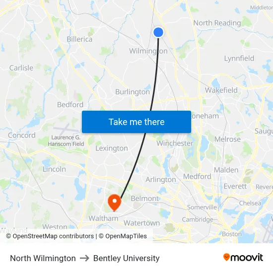North Wilmington to Bentley University map