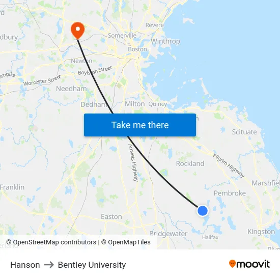 Hanson to Bentley University map