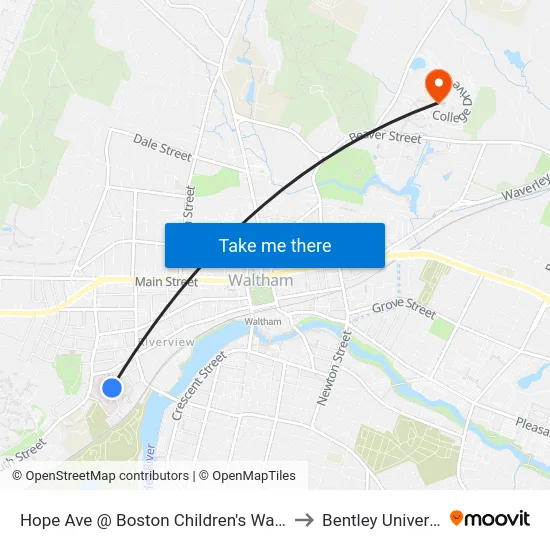 Hope Ave @ Boston Children's Waltham to Bentley University map