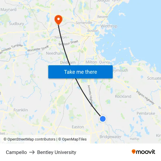 Campello to Bentley University map