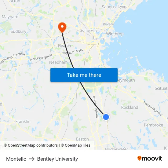 Montello to Bentley University map