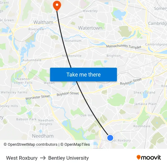 West Roxbury to Bentley University map
