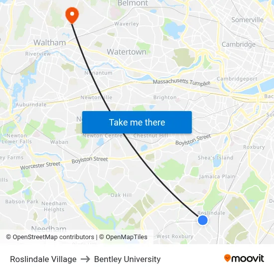 Roslindale Village to Bentley University map