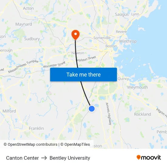 Canton Center to Bentley University map