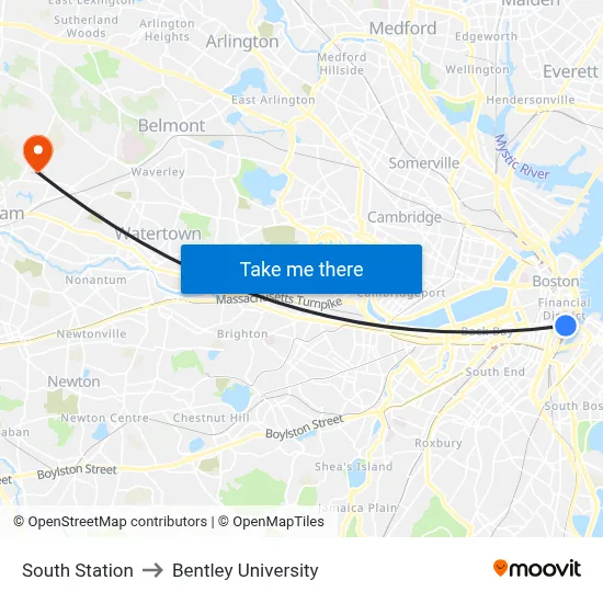 South Station to Bentley University map