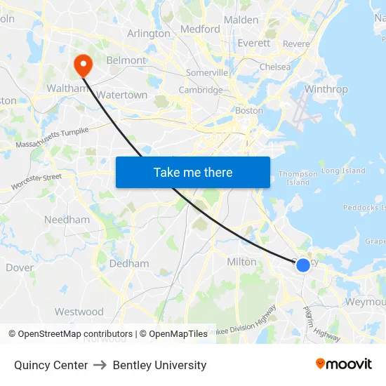 Quincy Center to Bentley University map