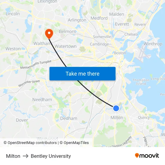 Milton to Bentley University map