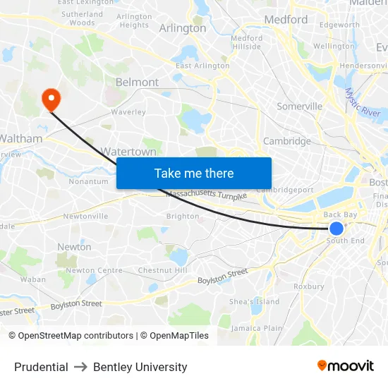 Prudential to Bentley University map