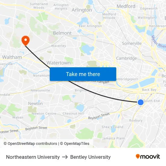 Northeastern University to Bentley University map
