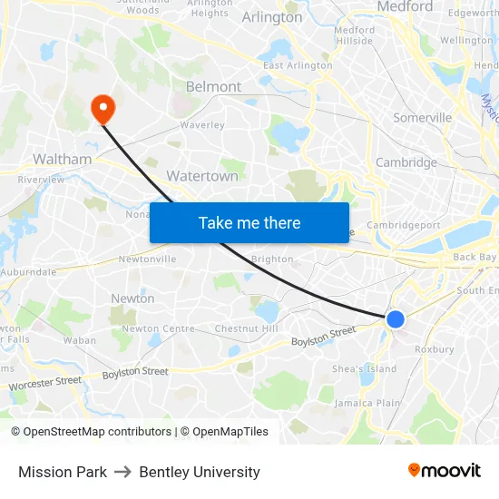 Mission Park to Bentley University map