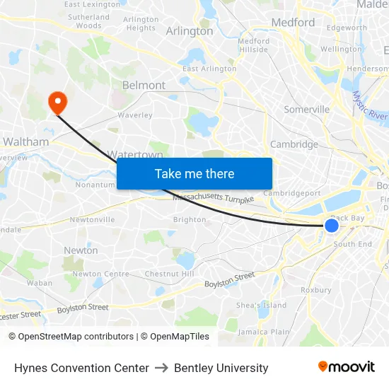Hynes Convention Center to Bentley University map