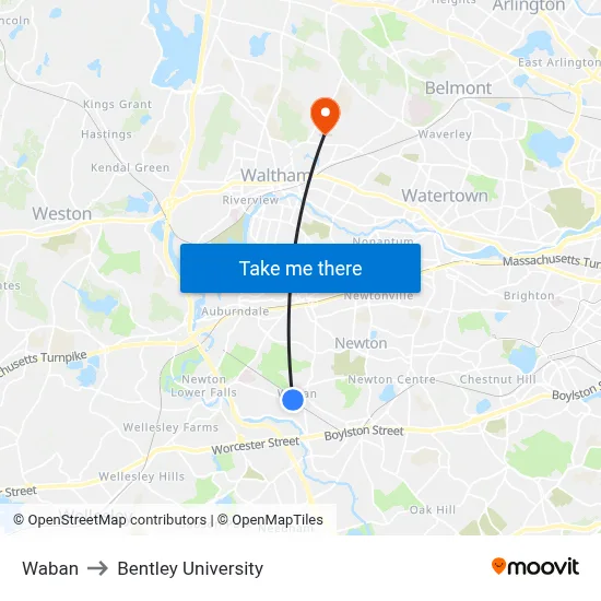 Waban to Bentley University map