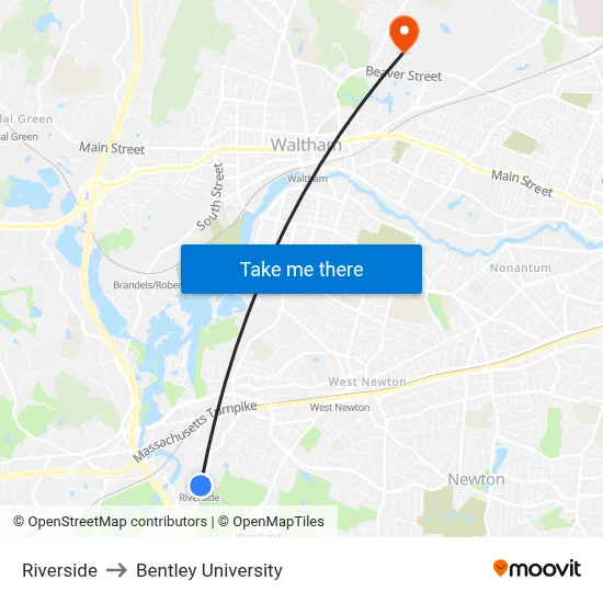Riverside to Bentley University map