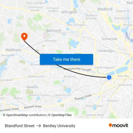Blandford Street to Bentley University map