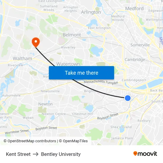 Kent Street to Bentley University map