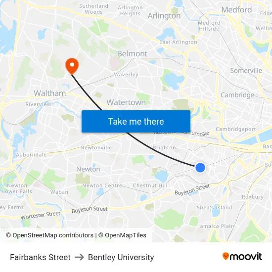 Fairbanks Street to Bentley University map