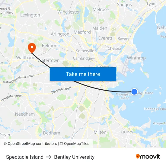 Spectacle Island to Bentley University map