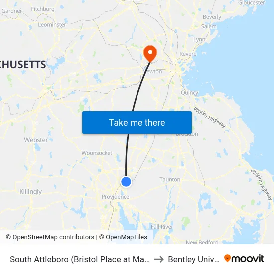 South Attleboro (Bristol Place at Market Basket) to Bentley University map