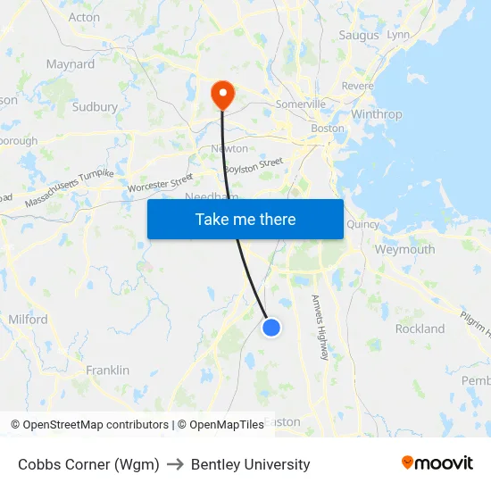Cobbs Corner (Wgm) to Bentley University map