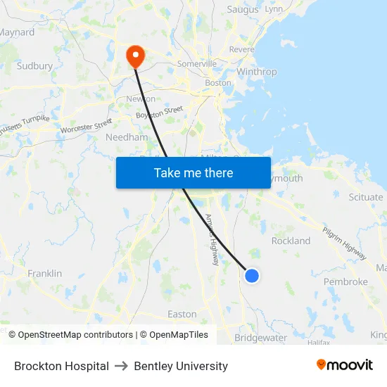 Brockton Hospital to Bentley University map