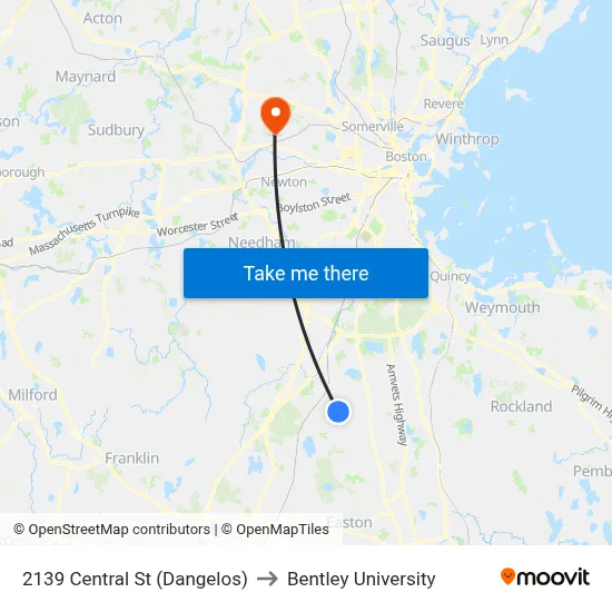 2139 Central St (Dangelos) to Bentley University map