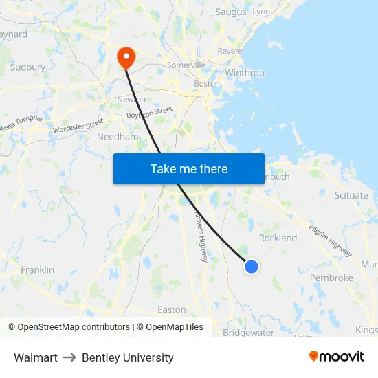 Walmart to Bentley University map