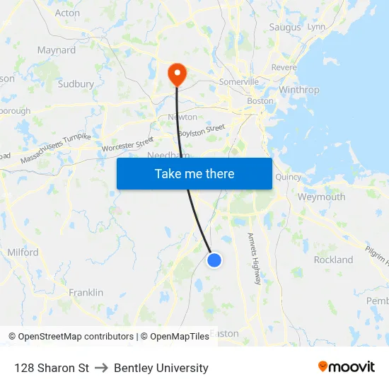 128 Sharon St to Bentley University map