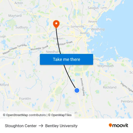 Stoughton Center to Bentley University map