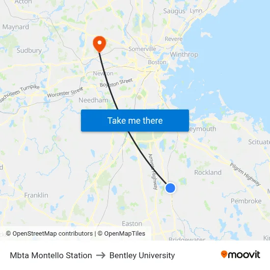 Mbta Montello Station to Bentley University map