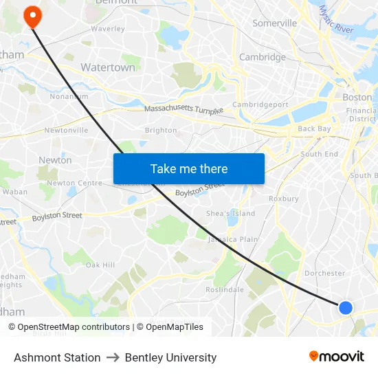 Ashmont Station to Bentley University map