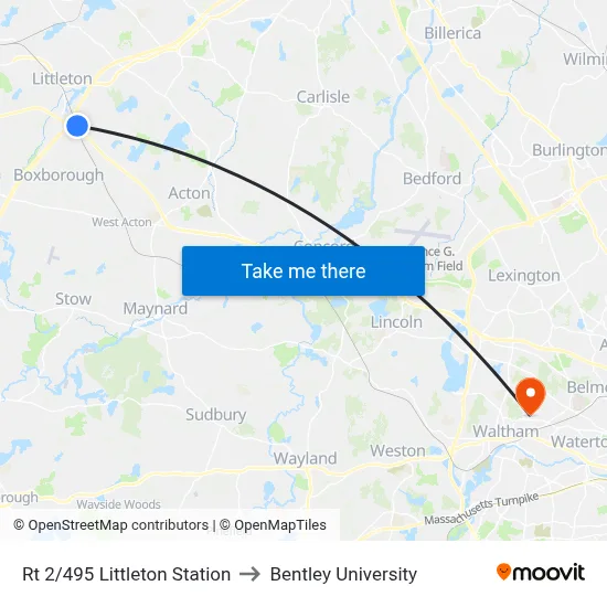 Rt 2/495 Littleton Station to Bentley University map