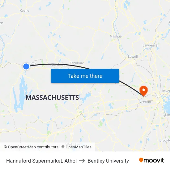 Hannaford Supermarket, Athol to Bentley University map