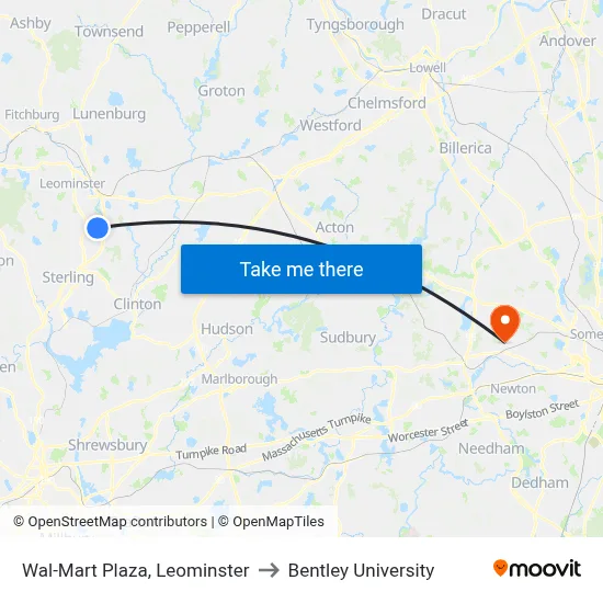 Wal-Mart Plaza, Leominster to Bentley University map