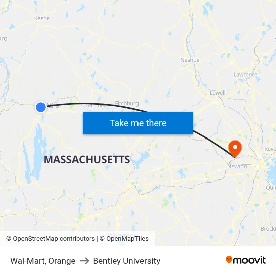 Wal-Mart, Orange to Bentley University map