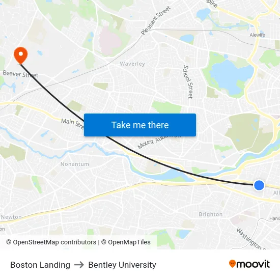 Boston Landing to Bentley University map