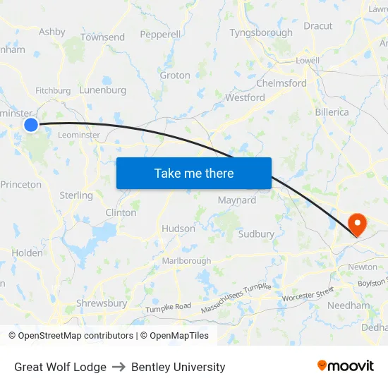 Great Wolf Lodge to Bentley University map