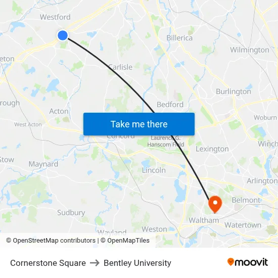 Cornerstone Square to Bentley University map