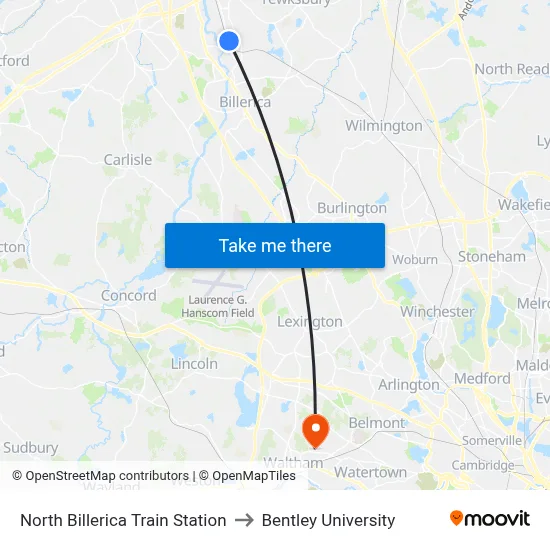 North Billerica Train Station to Bentley University map