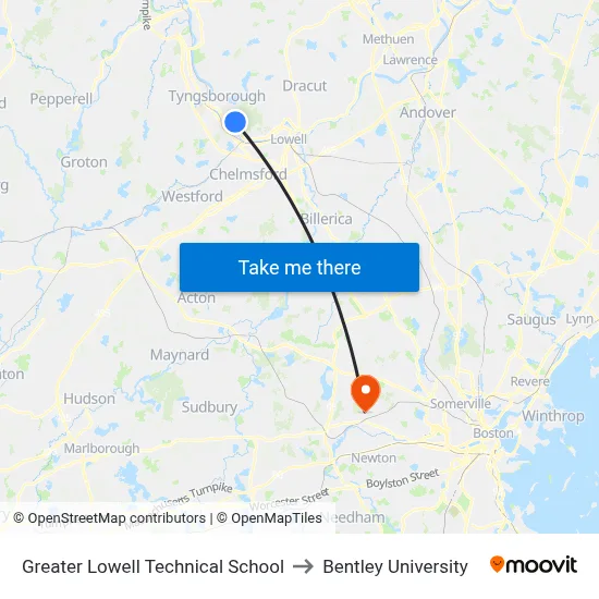 Greater Lowell Technical School to Bentley University map